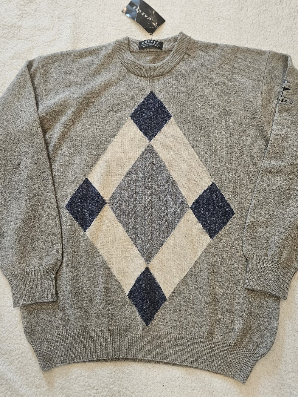 Vintage Jaeger Men's Gray Argyle Knit Sweater Crewneck - Wool Blend - Size L/XL